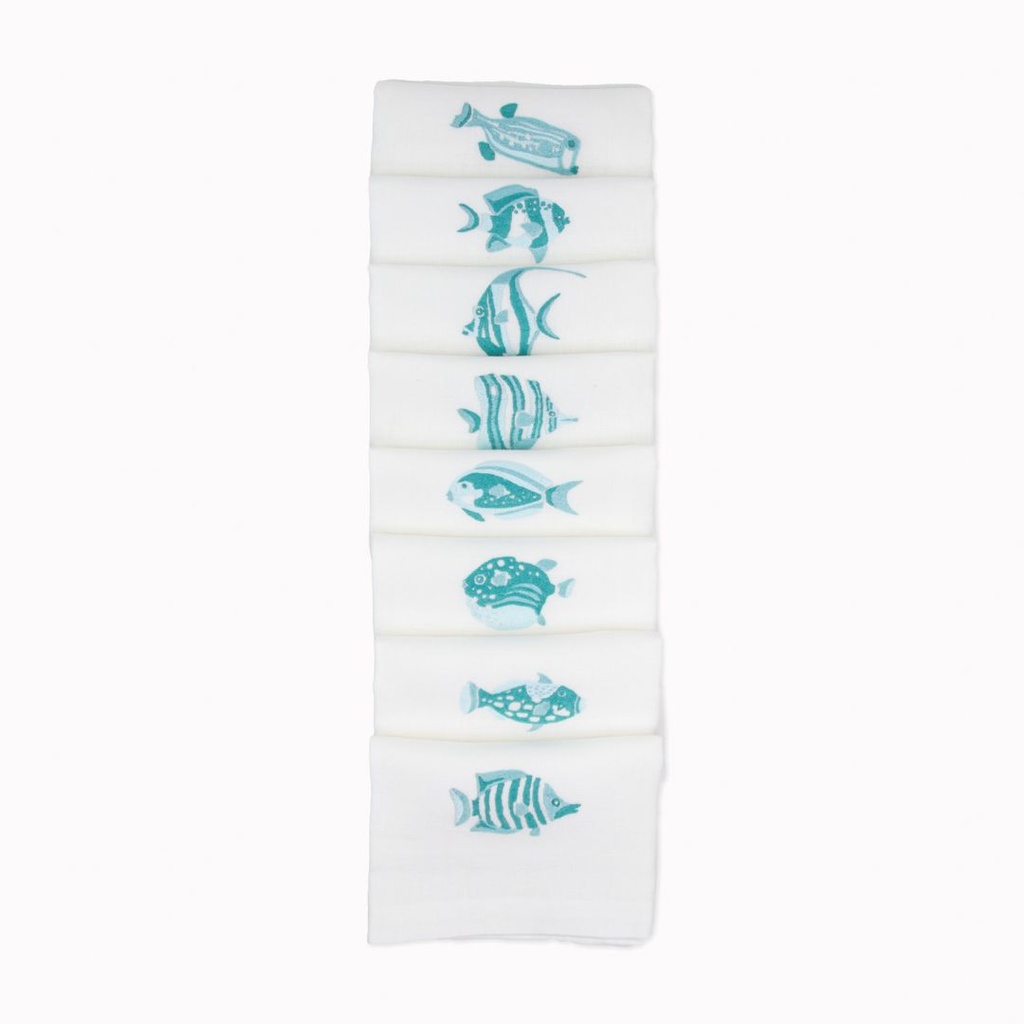 POISSONS FIJI- 8 Serviettes de Table en Lin Blanc